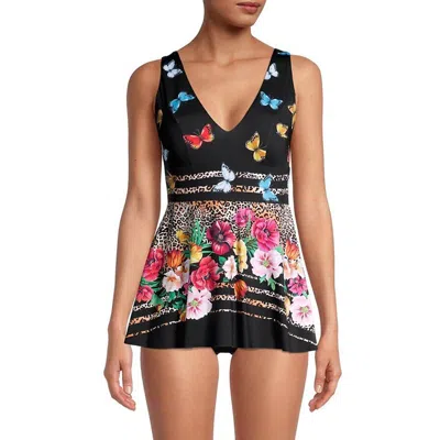 Johnny Was Mari V-neckline Skirted One Piece In Butterfly Floral In Black