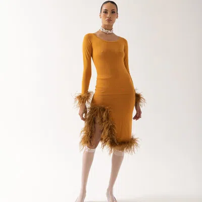 Andreeva Camel Knit Top With Detachable Feather Cuffs In Brown