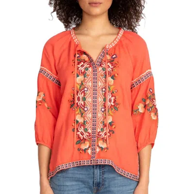 Johnny Was Juliene Candy Land Peasant 3/4 Sleeves Embroidered Top In Multi In Orange