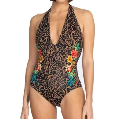 Johnny Was Halter Embroidered Onepiece Swimsuit In Multi In Brown