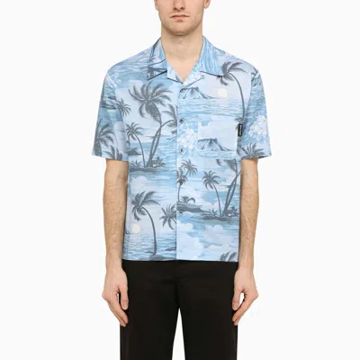 Palm Angels Bowling Shirt With Sunset Print In Cotton In Blue