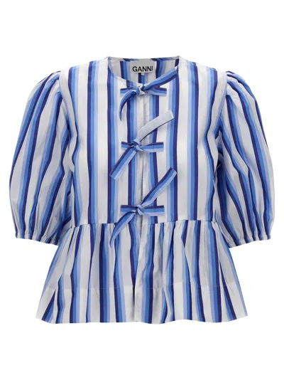 Ganni Striped Peplum Blouse In Blue