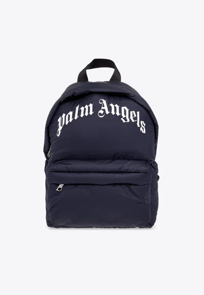 Palm Angels Boys Logo Print Nylon Backpack In Navy
