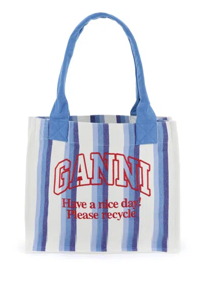 Ganni Recycled Cotton Striped Tote Bag In 白色，蓝色