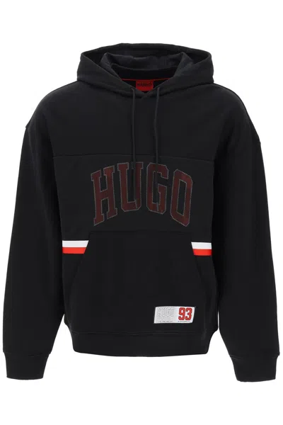 Hugo Cotton-terry Relaxed-fit Hoodie With Sporty Logo In Black
