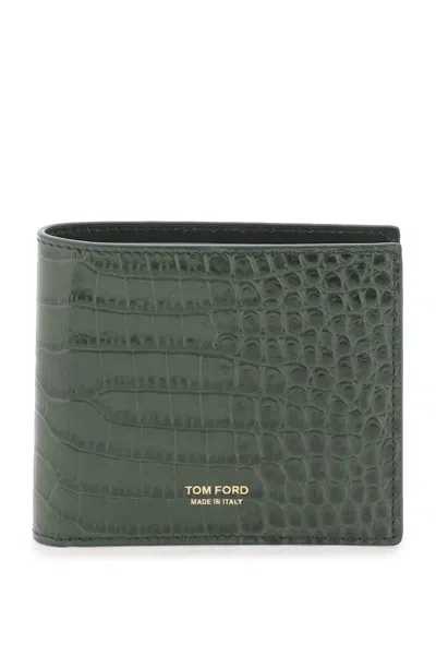Tom Ford Croco Embossed Leather Bifold Wallet In 绿色的