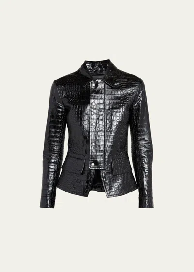 Tom Ford Croc-embossed Leather Moto Jacket In Black