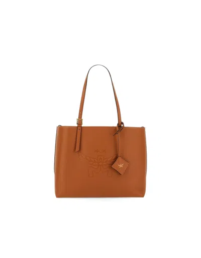Mcm Woman Caramel Leather Medium Himmel Shopping Bag In Brown