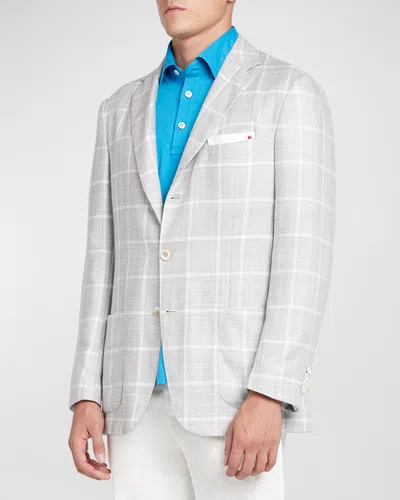 Kiton Men's Windowpane Silk-cashmere Sport Coat In Grey