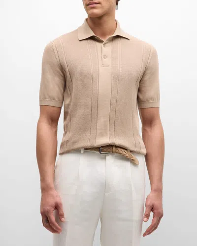 Brunello Cucinelli Men's Ribbed Cotton Dress Polo Shirt In Beige