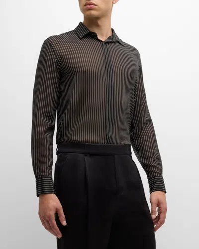Saint Laurent Pinstripe Silk Georgette Shirt In Black