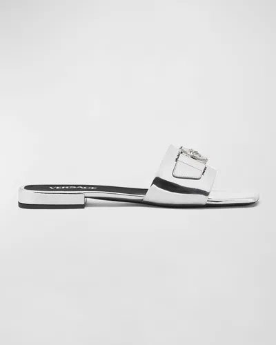 Versace Medusa Coin Metallic Slide Sandals In Silver-palladium