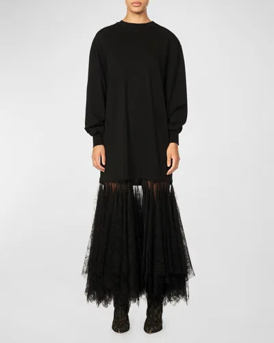 Interior Nomi Long-sleeve Lace Godet-hem Maxi Dress In Black