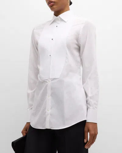 Dolce & Gabbana Popeline Button-front Shirt With Pleated Bib In Opticalwht