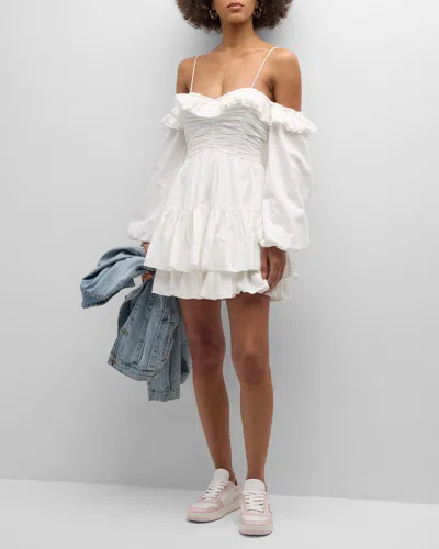 Loveshackfancy Zennia Off-shoulder Tiered Cotton Poplin Blouson-sleeve Mini Dress In White