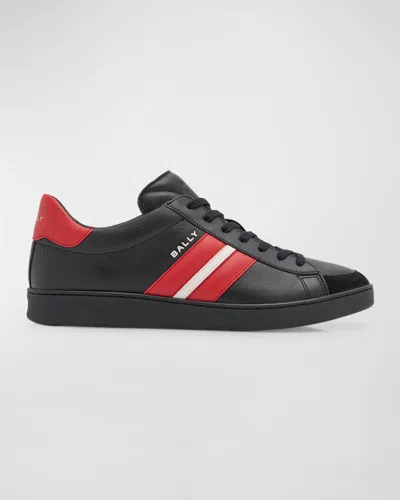 Bally Men's Low-top Leather Tennis Sneakers In Blk/candyred/blk