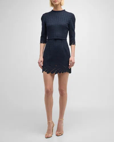 Oscar De La Renta Fern Embroidered 3/4-sleeve Belted Tweed Mini Dress In Blue