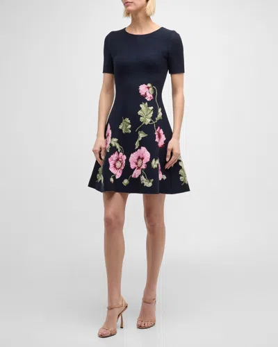 Oscar De La Renta Jewel-neck Poppies Jacquard Short-sleeve Mini Dress In Navy Pink