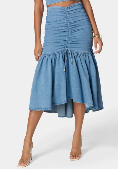 Bebe Ruched Drawcord Hi Lo Flared Hem Denim Skirt In Light Blue Wash