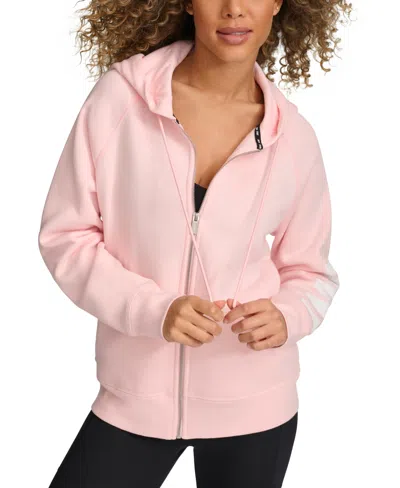 Dkny Logo Zip Fleece Hoodie In Crystal Rose W/ White Logo