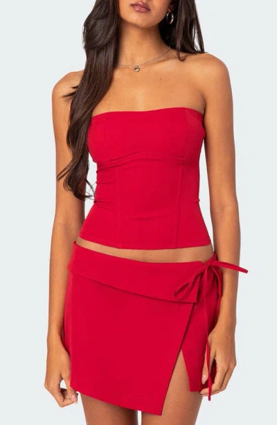 Edikted Selena Lace-up Strapless Corset Top In Red