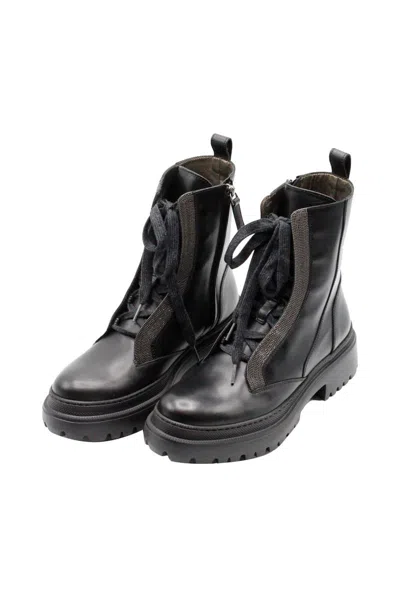 Brunello Cucinelli Amphibious Ankle Boot In Leather With Side Zip And Jewels On The Side Band Of The In Black