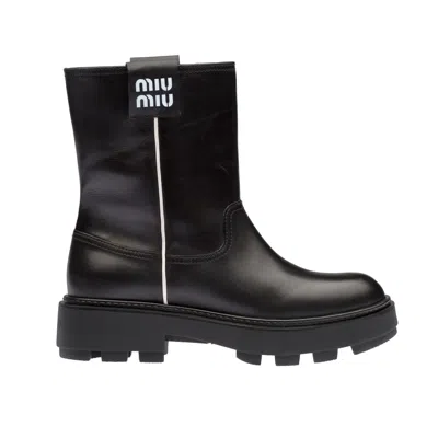 Miu Miu Leather Logo Boots In Black