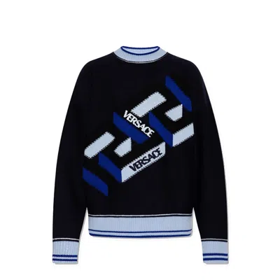 Versace Wool Logo Sweater In Blue