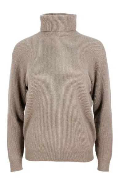Brunello Cucinelli High Neck Sweater In Soft And Pure Cashmere Half English Rib With Monili Detail O In Tobacco