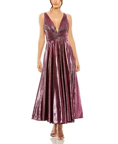 Mac Duggal Sleeveless V Neck Pleated Top Metallic Dress In Rose