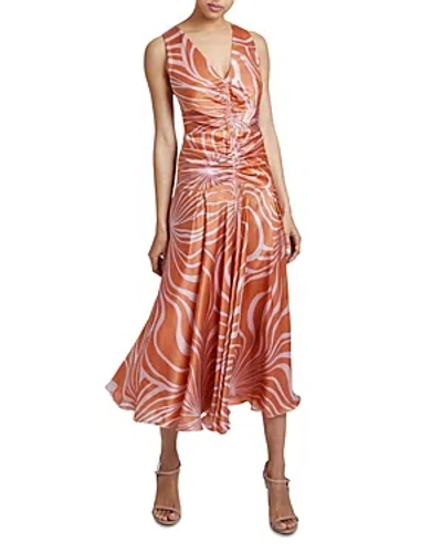 Santorelli Eden Ruched Swirl-print Charmeuse Midi Dress In Raspberry