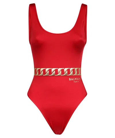Balmain Printed One-piece Swimsuit In Red