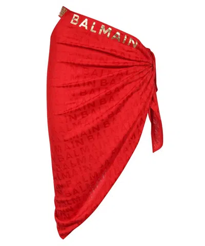 Balmain Printed Cotton Sarong In Red