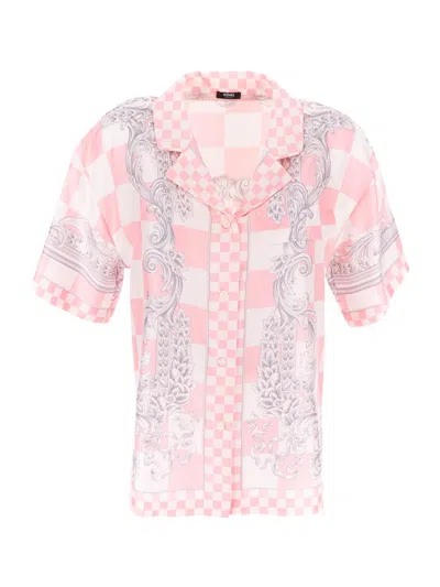 Versace Silk Twill Baroque Short Sleeve Shirt In Pink