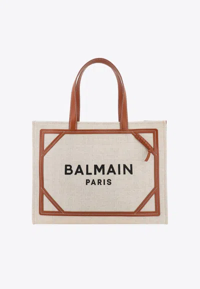 Balmain B-army 42 Leather-trimmed Tote Bag In Beige