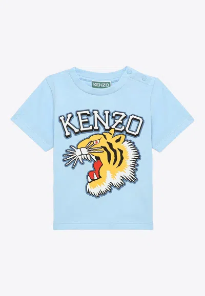 Kenzo Babies Tiger Print Logo T-shirt In Blue