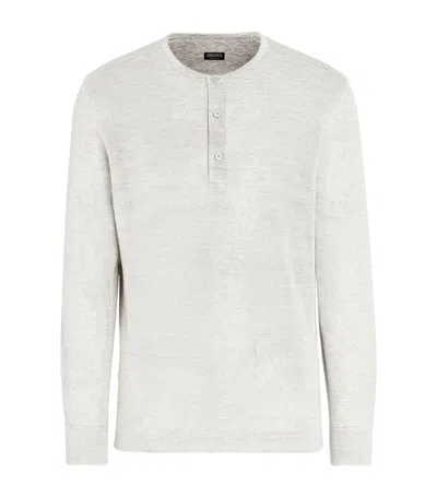 Zegna Linen Long-sleeve Polo Shirt In Optical White
