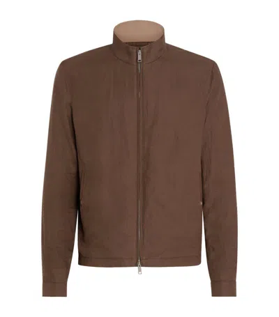 Zegna Linen Zip-up Jacket In Brown