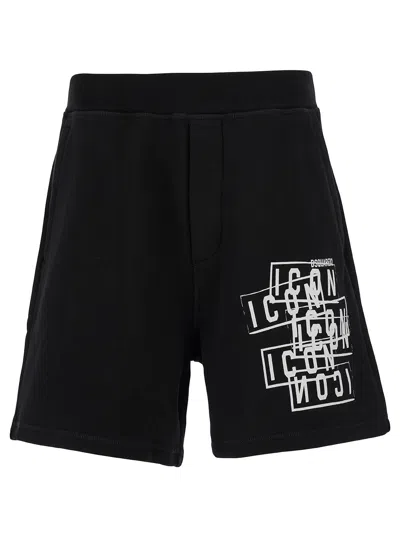 Dsquared2 Black Bermuda Shorts With Icon Logo Print In Cotton Man