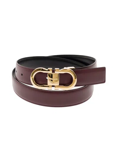 Ferragamo Bordeaux And Black Reversible Belt With Gancini Buckle In Smooth Leather Woman In Red