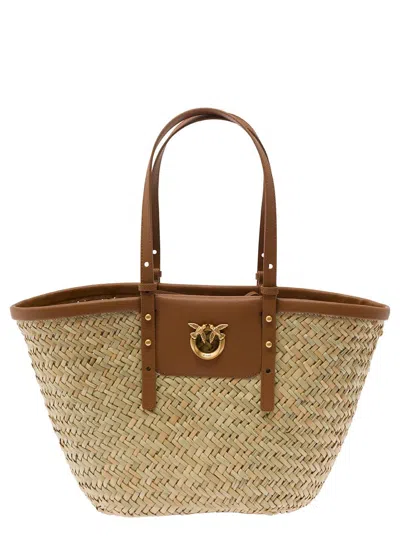 Pinko 'love Summer' Beige Tote Bag With Logo Detail In Rafia And Leather Woman