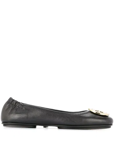 Tory Burch Minnie Flat Shoes In Black Leather With Logo