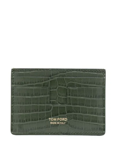 Tom Ford Printed Croc T Line Cardholder In Green