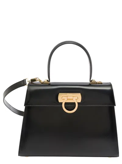 Ferragamo Iconic Top Handle L Black Handbag With Gancini Buckle In Smooth Leather Woman