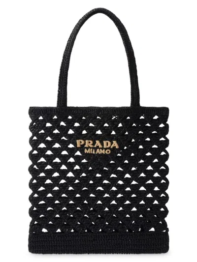 Prada Women's Woven Fabric Crochet Tote Bag In Black