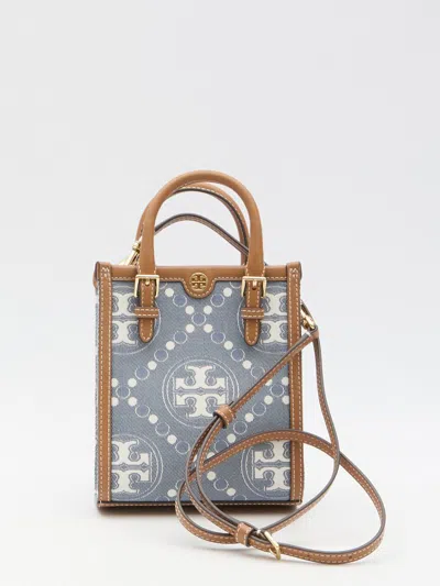 Tory Burch T Monogram Denim Mini N/s Tote Bag In Blue