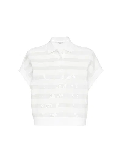 Brunello Cucinelli Cotton Polo Shirt Embellished With Sequins In White