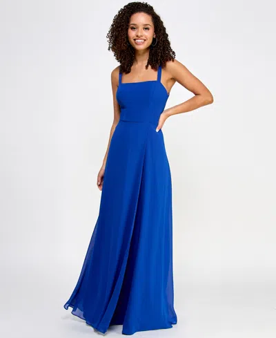 City Studios Juniors' Straight-neck Lace-back Chiffon Skater Gown In Royal Blue