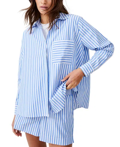 French Connection Women's Striped Point Collar Long Sleeve Top In Blue Linen