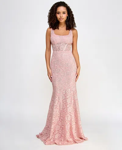 City Studios Juniors' Square-neck Floral-lace Gown In Blush Rose